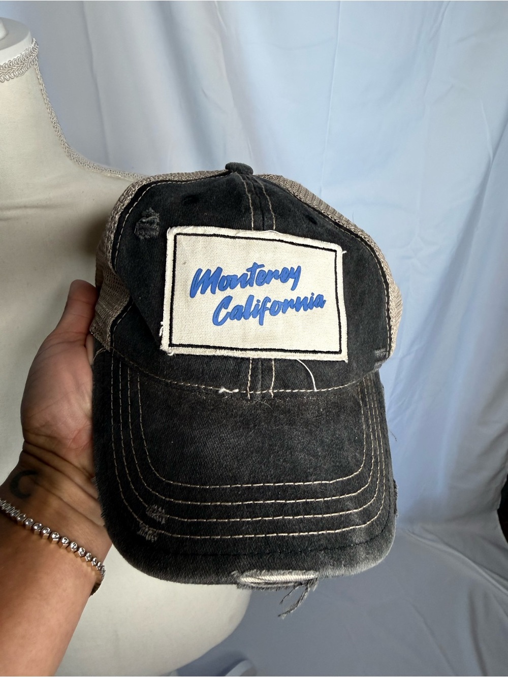 Monterey California Distressed Trucker Hat - Black Jean with Blue Script